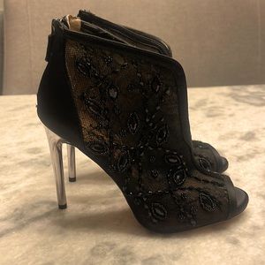 BCBG MAX AZRIA black lace, mesh and satin beaded open toe high heel bootie. 7M